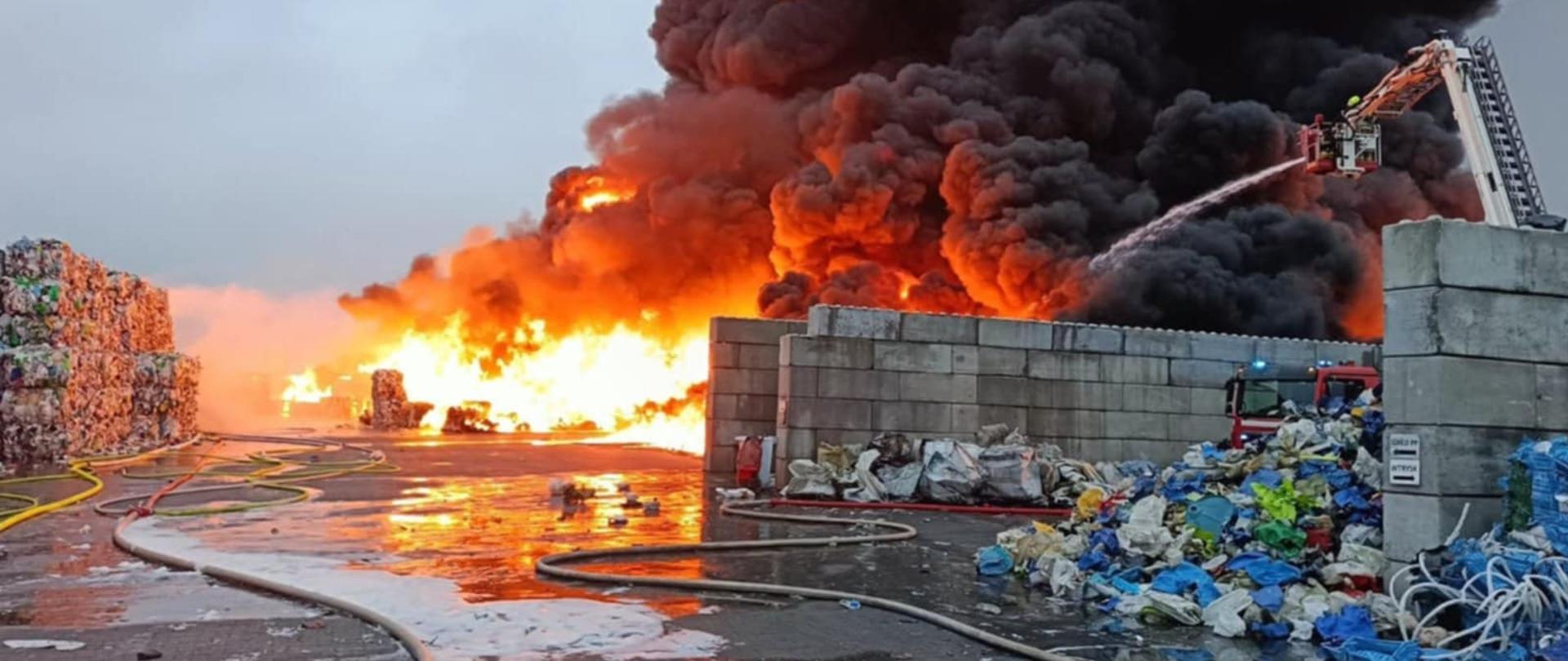 Na zdjęciu unosząca się chmura dymu i płomienie podczas pożaru w zakładzie przetwórstwa odpadów plastikowych