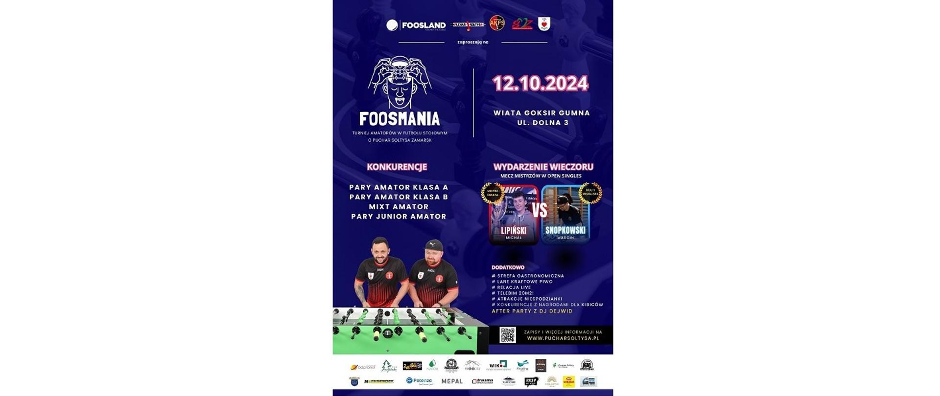 Plakat imprezy. Foosmania Turniej Amatorów w Futbolu Stołowym o Puchar Sołtysa Zamarsk.12.10.2024, wiata GOKSIR Gumna, ul. Dolna 3. Zapisy i więcej informacji na www.pucharsoltysa.pl