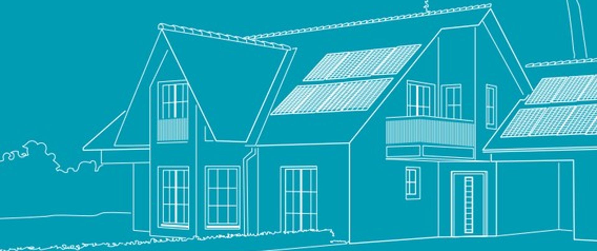 Grafika towarzysząca do artykułu - biały szkic budynku mieszkalnego na niebieskim tle wraz z napisem "Przewodnik prosumenta w gospodarstwie domowym"