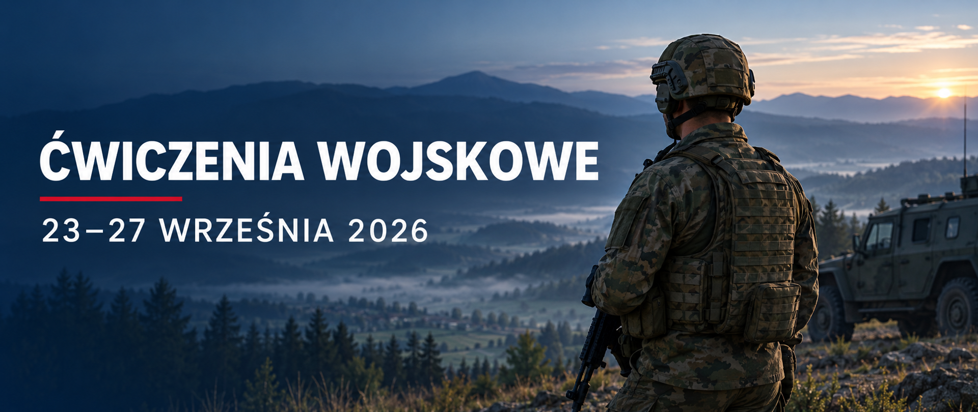 Grafika informacyjna przedstawiająca żołnierza na tle górskiego krajobrazu i pojazdu wojskowego. Na grafice widnieje napis: „Ćwiczenia wojskowe, 23–27 września 2026”.