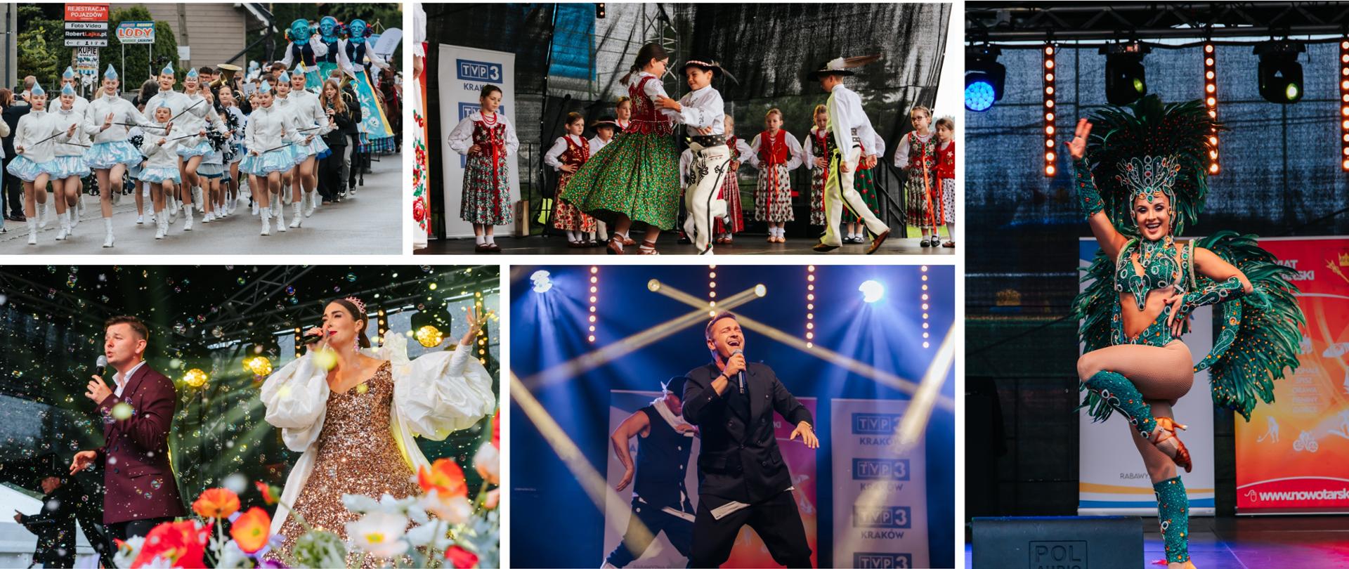 Kolaż przedstawiający różne wydarzenia festiwalowe. W lewym górnym rogu grupa dzieci w biało-niebieskich strojach maszeruje ulicą podczas parady. Na środku u góry dzieci w tradycyjnych strojach ludowych tańczą na scenie. Po prawej tancerka w zielonym kostiumie z piórami wykonuje widowiskowy układ sceniczny. W lewym dolnym rogu dwoje wokalistów występuje na scenie wśród baniek mydlanych. Na środku u dołu mężczyzna śpiewa podczas koncertu przy efektownym oświetleniu. Kolaż ukazuje różnorodność atrakcji festiwalu – paradę, występy folklorystyczne, koncerty i pokazy taneczne.
