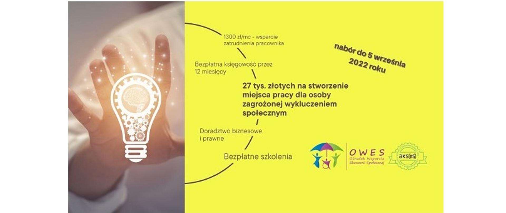 Plakat promujący nabór wniosków. Na obrazku żarówka z ludzkim centralnym układem nerwowym. Szczegóły programu: Nabór do 5 września 2022 roku. 27 tysięcy złotych na stworzenie miejsca pracy dla osoby zagrożonej wykluczeniem społecznym, 1300 zł/mc - wsparcie zatrudnienia pracownika, bezpłatna księgowość przez 12 miesięcy, doradztwo biznesowe i prawne, bezpłatne szkolenia.