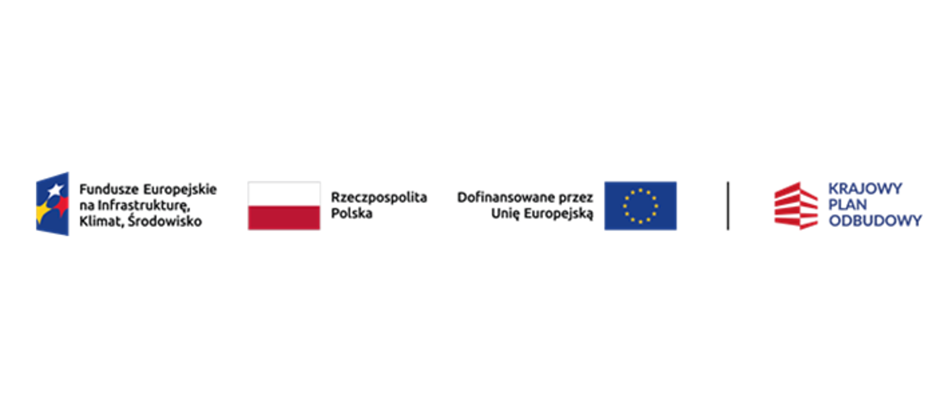 Znaki graficzne programu Fundusze Europejskie na Infrastrukturę, Klimat, Środowisko. Loga (od lewej do prawej): Fundusze Europejskie na Infrastrukturę, Klimat, Środowisko, Rzeczpospolita Polska, Dofinansowane przez Unię Europejską, Krajowy Plan Odbudowy.

