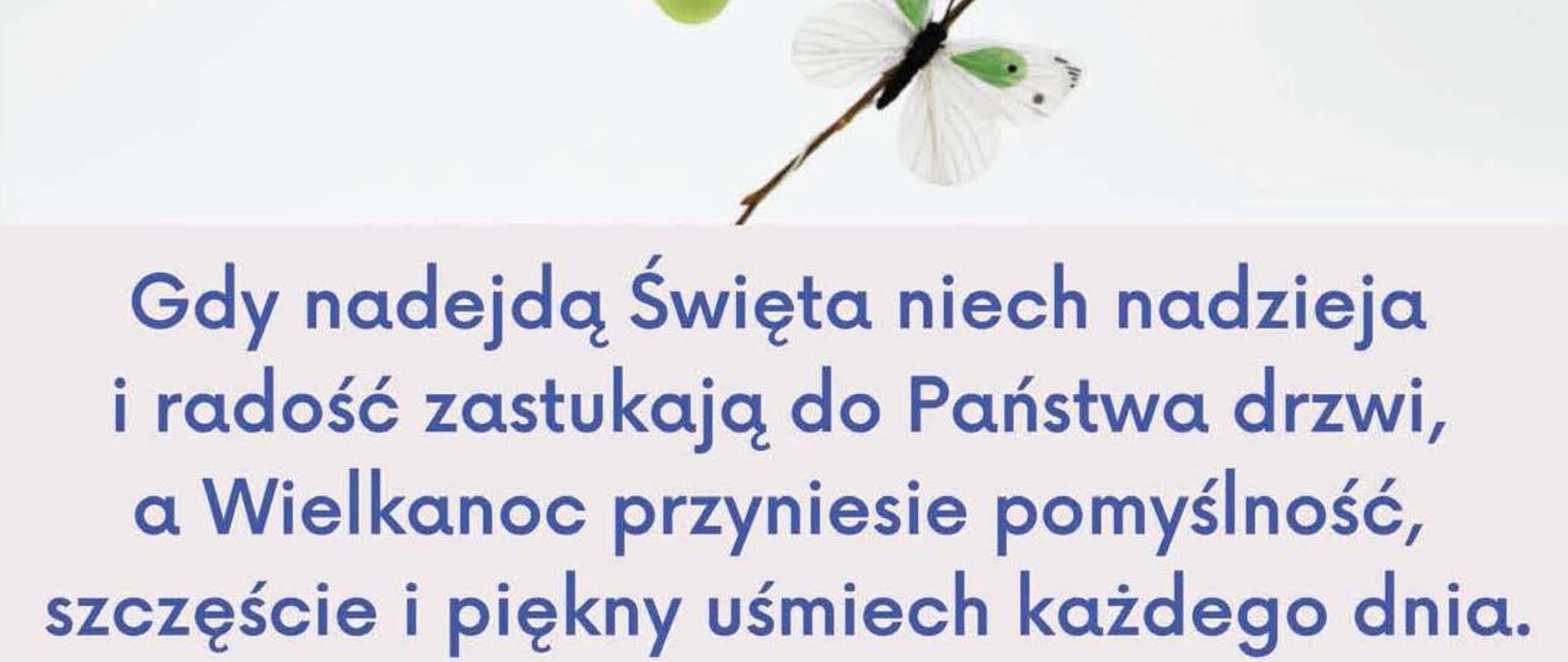 Świąteczne ozdobniki: jajka i kwiaty. Pomiędzy nimi treść życzeń wielkanocnych: Gdy nadejdą Święta niech nadzieja i radość zastukają do Państwa drzwi, a Wielkanoc przyniesie pomyślność, szczęście i piękny uśmiech każdego dnia. Życzą: Sławomir Kolondra, Przewodniczący Rady Gminy, Grzegorz Sikorski, Wójt Gminy Hażlach