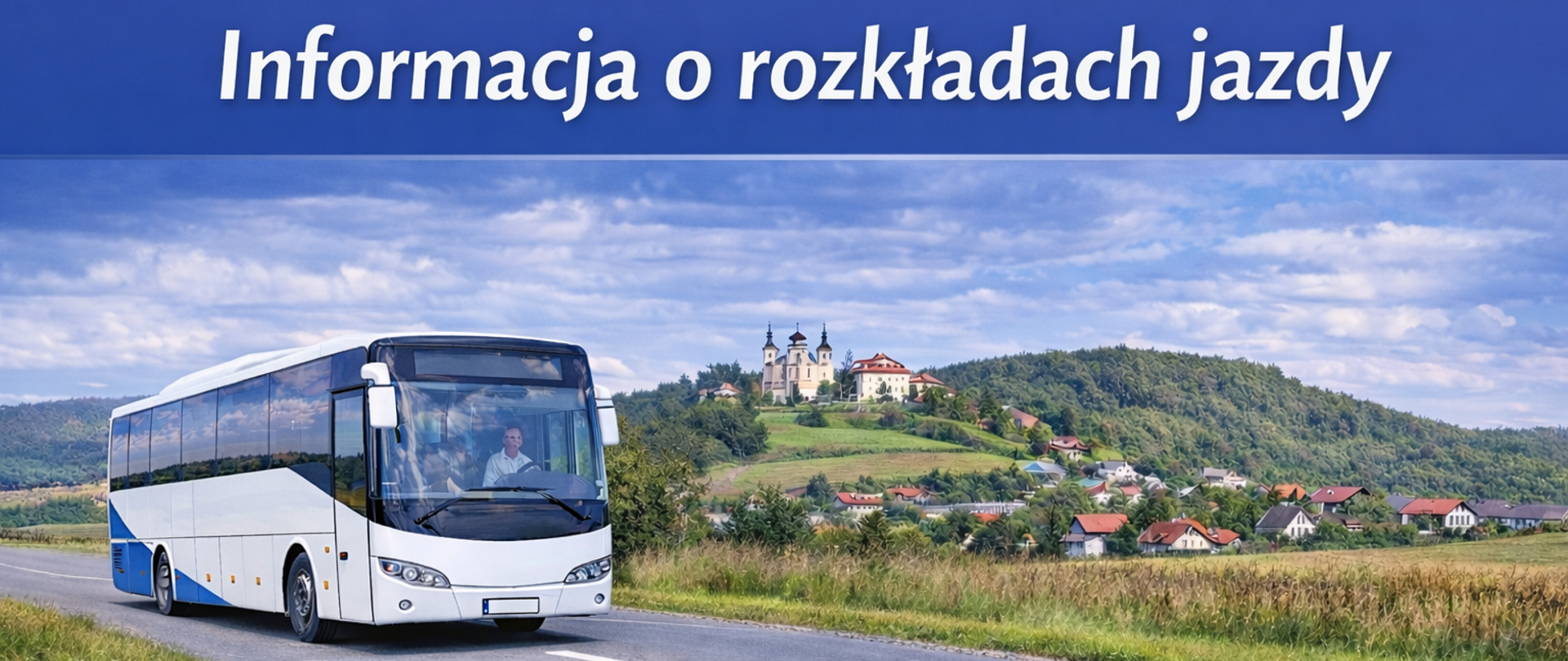 Pozioma grafika informacyjna przedstawiająca biały autobus jadący lokalną drogą na tle zielonych wzgórz i zabudowy Kalwarii Zebrzydowskiej. U góry grafiki widnieje napis: „Informacja o rozkładach jazdy”. Kompozycja ma charakter spokojny i informacyjny, promujący lokalną komunikację autobusową.