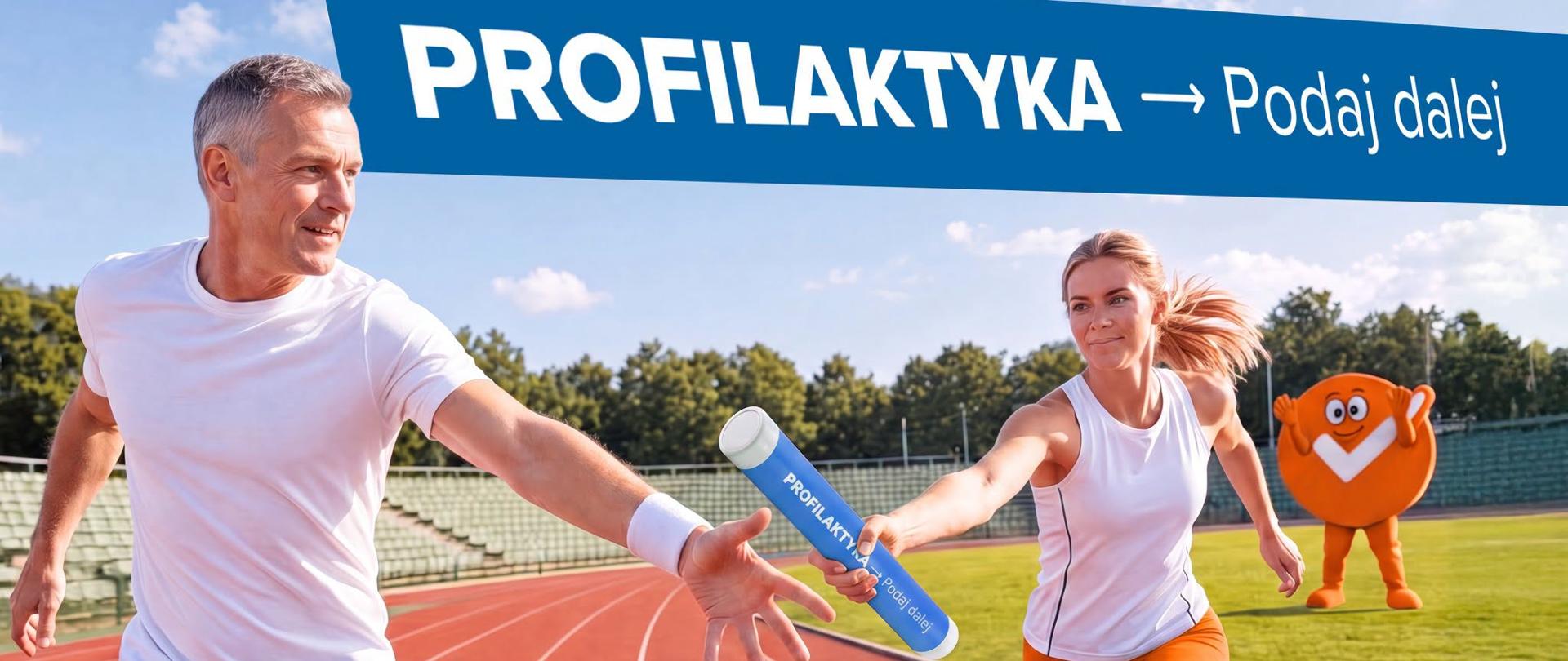 Plakat promujący wydarzenie Profilaktyka podaj dalej. Kobieta przekazuje pałeczkę w sztafecie mężczyźnie na stadionie, w tle pomarańczowa maskotka.