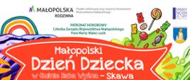 Kolorowy plakat wydarzenia „Małopolski Dzień Dziecka w Gminie Raba Wyżna – Skawa”, które odbędzie się 14 czerwca o godz. 15:00 na kompleksie sportowym przy ZSP w Skawie. W programie m.in. pokazy, spektakl familijny, animacje, „Bitwa Kolorów” oraz koncert Julii Skupień. Plakat utrzymany jest w żywej, wielobarwnej stylistyce z motywami farb, tęczy i słodyczy. W górnej części znajdują się logotypy organizatorów i patronów, a po bokach logotypy partnerów wydarzenia.