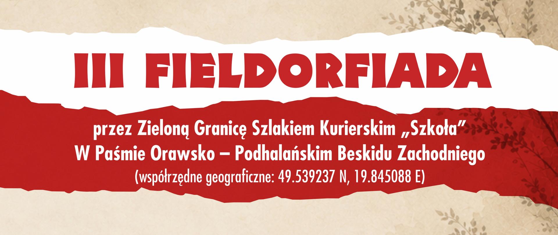 Grafika przedstawia beżowe tło z delikatnym roślinnym wzorem. Przez środek przebiega szeroki biały pas o nieregularnych, postrzępionych krawędziach, a pod nim znajduje się czerwony pas o podobnie nieregularnym kształcie. Na obu pasach umieszczono duże i mniejsze elementy tekstowe w kolorze czerwonym i białym.