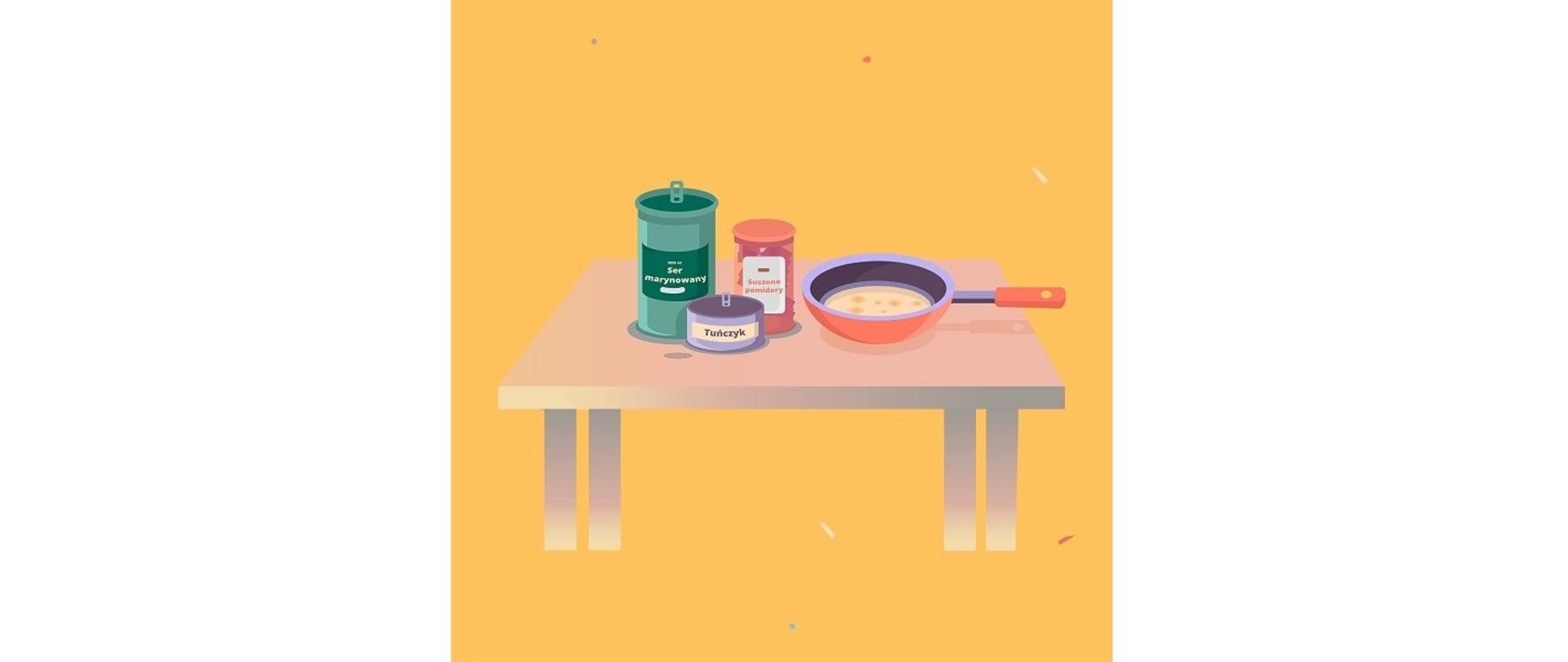 Segregujmy oleje jadalne. Razem możemy więcej, czyli jak małymi krokami zrobić duże zmiany. Na ilustracji widoczny stół, na którym stoją produkty (od lewej): ser marynowany, tuńczyk, suszone pomidory oraz patelnia z tłuszczem