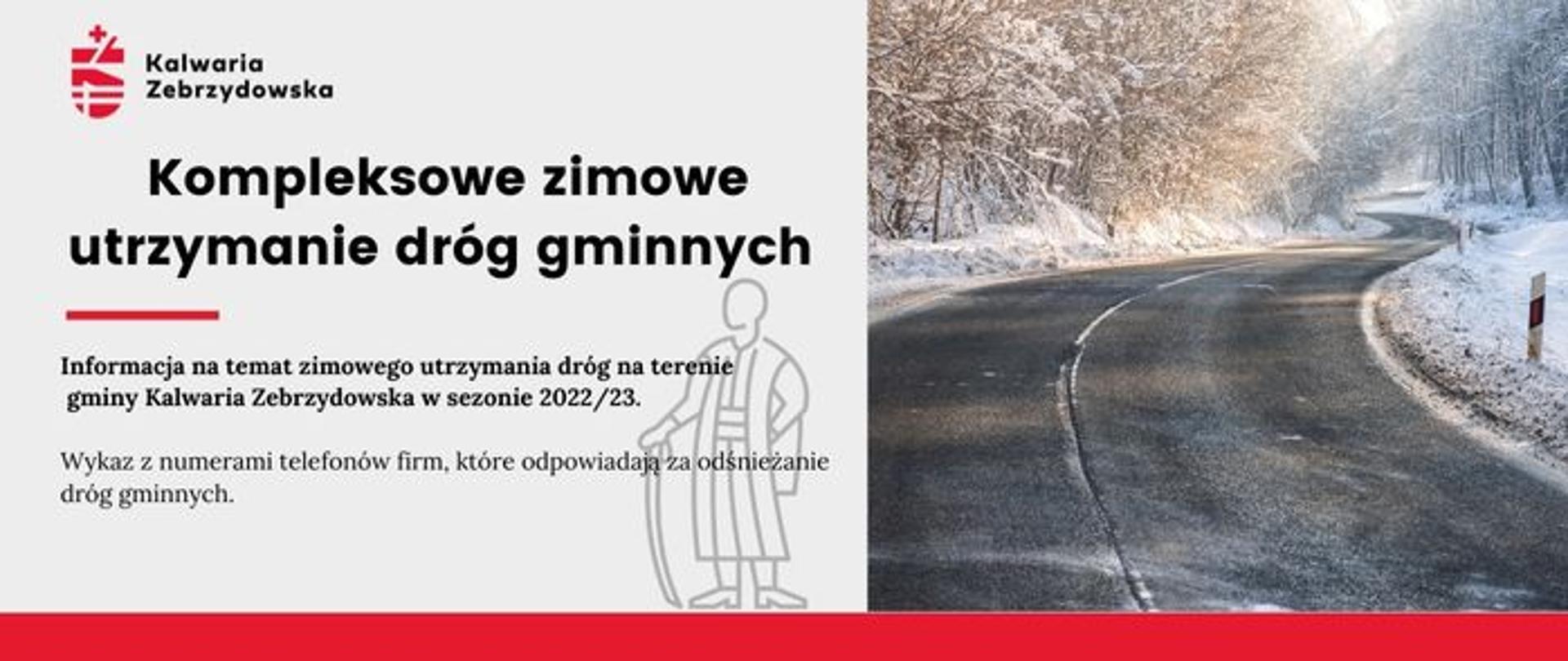 Plansza informacyjna. Po prawej odśnieżona droga w zimie, po lewej tekst z informacją. 