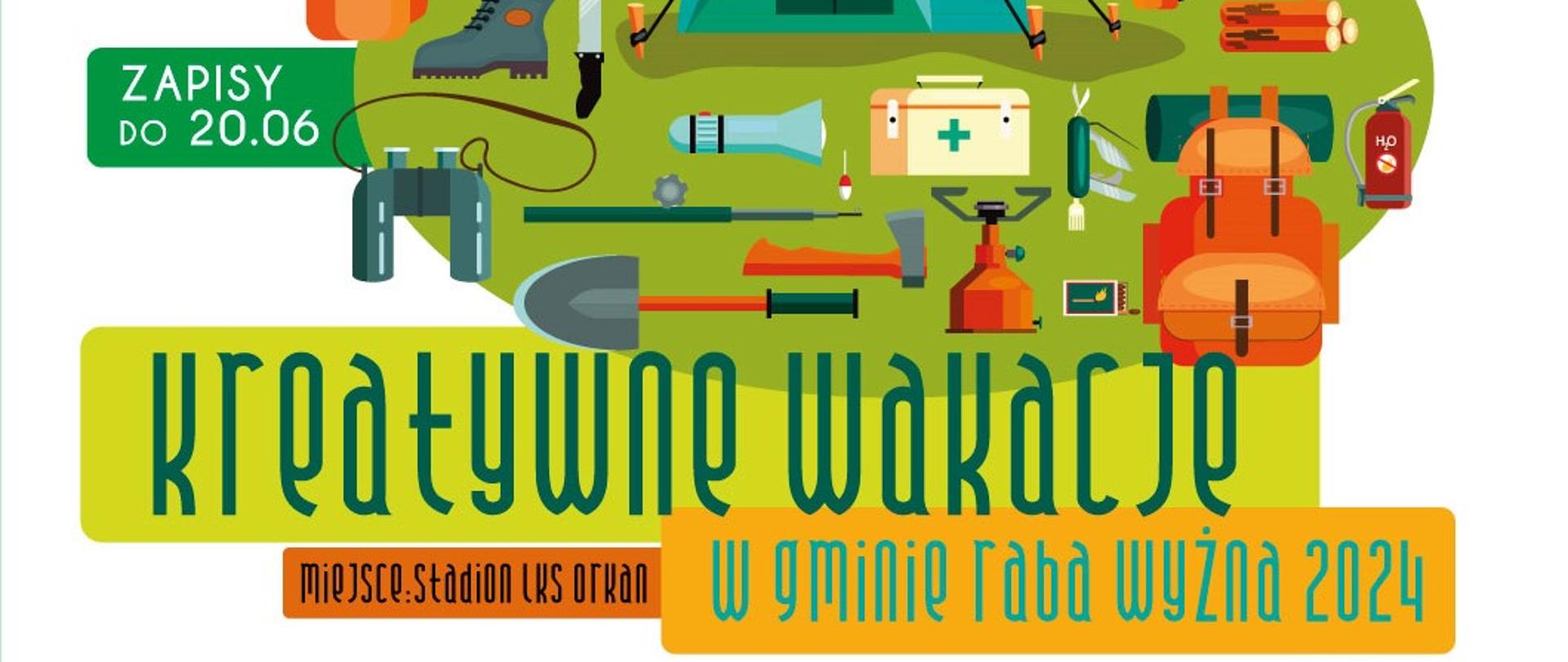 Plakat informacyjny o kreatywnych wakacjach w Gminie Raba Wyżna 2024