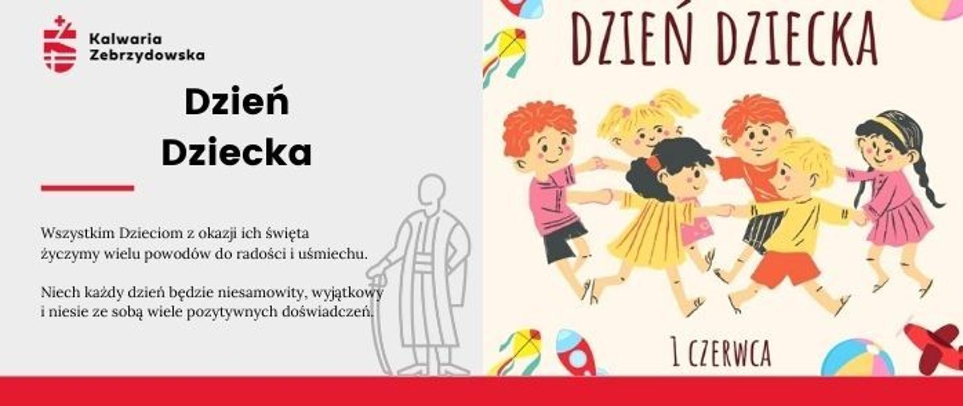 Plansza informacyjna - Dzień dziecka. Po prawej stronie ilustracja z dziećmi, po lewej tekst Dzień dziecka. 