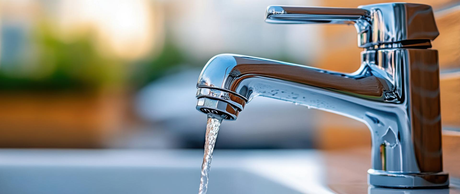 Zbliżenie błyszczącego chromowanego kranu z płynącą wodą, symbolizującego świeżość, czystość i nowoczesne udogodnienia domowe.