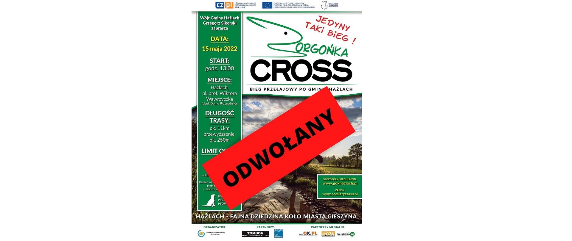Plakat z informacją o odwołaniu biegu Borgońka Cross. Sylwetka biegnącego młodego mężczyzny. Szczegóły i regulamin: www.gokhazlach.pl. Napis w poprzek na czerwonym polu drukowanymi literami: Odwołany.