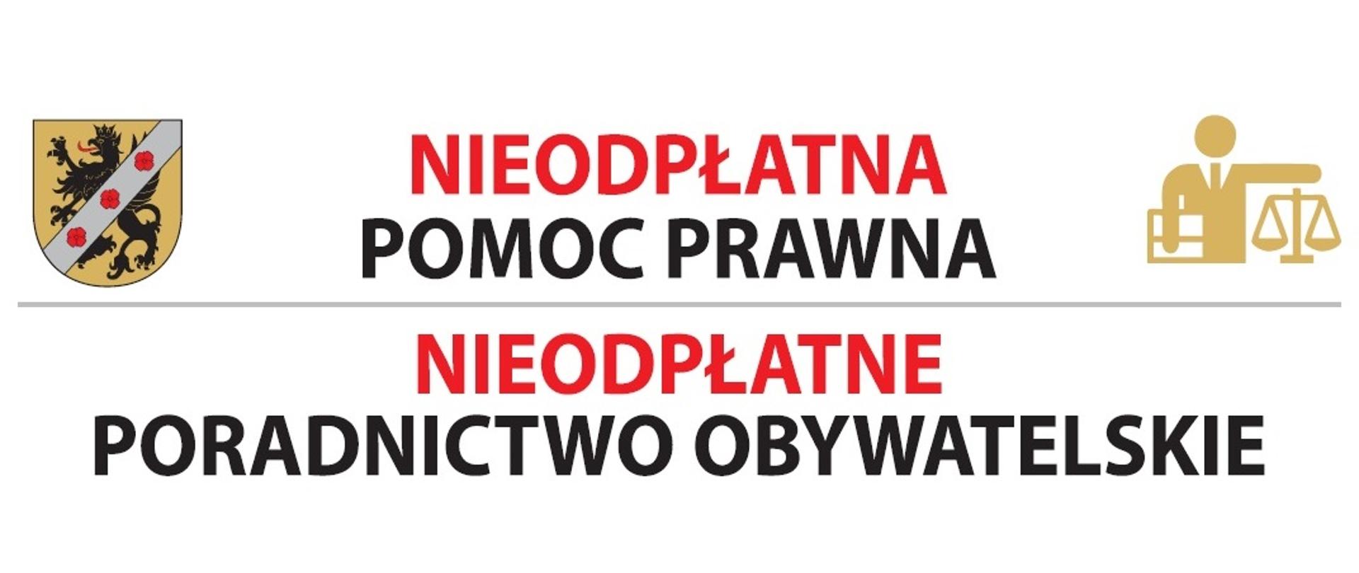 Napis nieodpłatna pomoc prawna, Nieodpłatne poradnictwo obywatelskie. Po lewej stronie herb Powiatu Wejherowskiego, po prawej prosty obrazek przedstawiający osobę w garniturze trzymającą w jednej ręce teczkę, druga ręka wyprostowana nad zrównoważoną wagą.