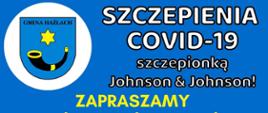 Na niebieskim tle informacje o przebiegu szczepienia. W lewym górnym rogu herb Gminy Hażlach, w prawym dolnym rogu dłoń ze strzykawką.