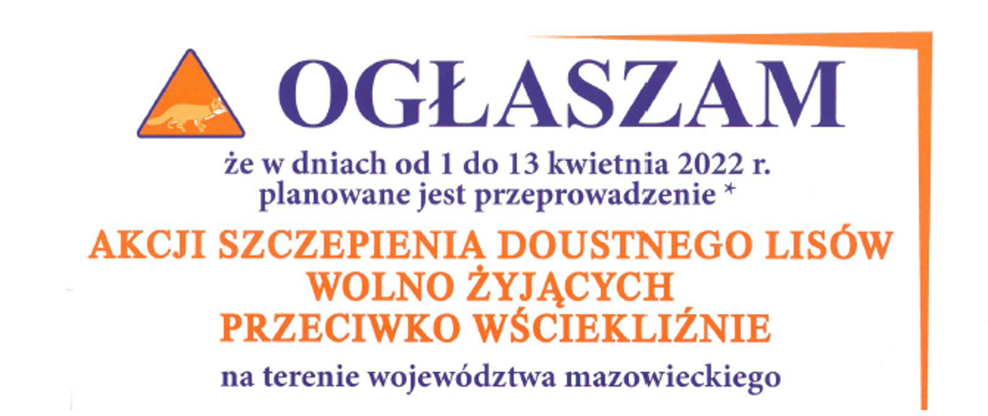 Akcja szczepienia doustnego lisów wolno żyjących przeciwko wściekliźnie od 1 do 13 kwietnia 2022 roku