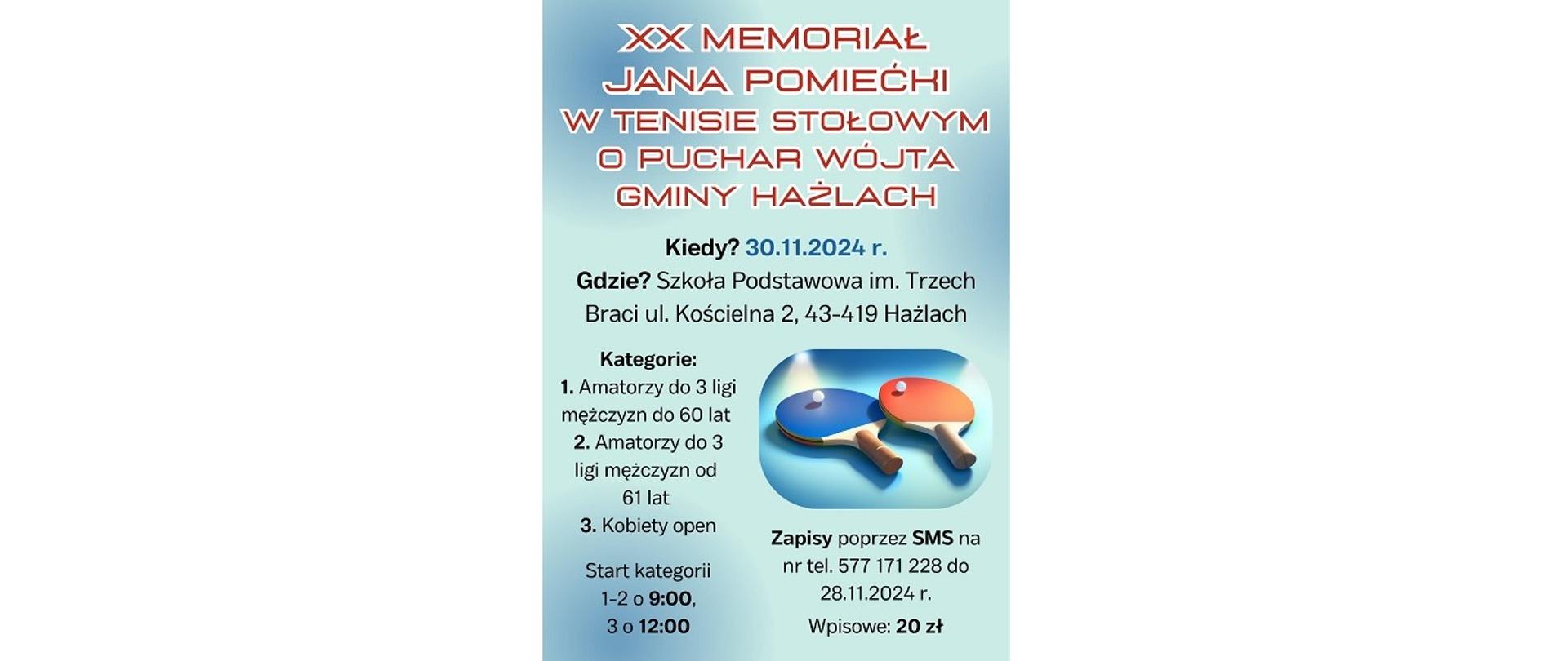 XX Memoriał Jana Pomiećki w Tenisie Stołowym. Kiedy? 30.11.2024. Gdzie? 10.00. Szkoła Podstawowa im. Trzech Braci, ul. Kościelna 2, 43-419 Hażlach. Start kategorii 1-2 o 9.00, 3 o 12.00.