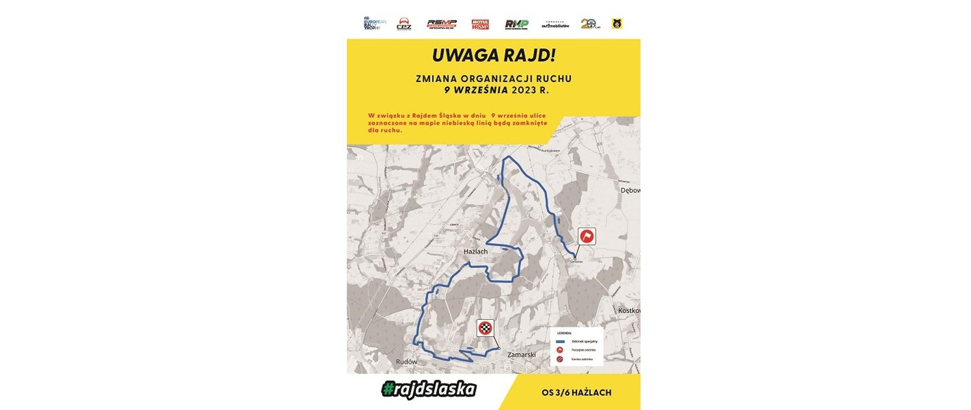 Plakat Rajdu Śląska. Uwaga Rajd! Zmiana organizacji ruchu 9 września 2023 roku. OS 3/6 Hażlach