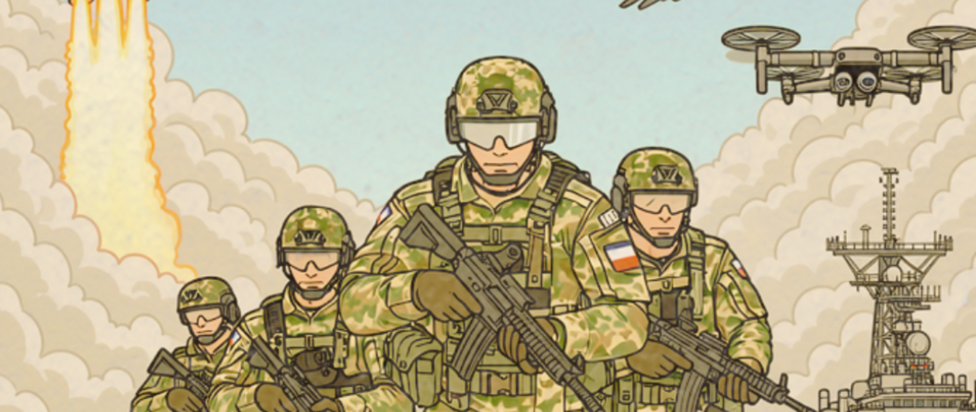 Plakat konkursu plastyczno-multimedialnego Od nauki Po Wojsko skierowanego do uczniów klas VII i VIII szkół podstawowych. Grafika w stylu komiksowym przedstawia naukowców przy pracy laboratoryjnej oraz grupę żołnierzy w nowoczesnym oporządzeniu. W tle widoczne są symbole technologii i obronności: rakieta, atom, dron, helikopter oraz okręt wojenny. Termin nadsyłania prac mija 20 lutego 2026 roku. Prace należy dostarczyć do Wojskowego Centrum Rekrutacji w Lublinie przy ul. Spadochroniarzy 5 lub wysłać elektronicznie na adres wcrlublin@ron.mil.pl. Na plakacie znajduje się kod QR ze szczegółami oraz logotypy Lubelskiego Kuratorium Oświaty i Polski Zbrojnej.