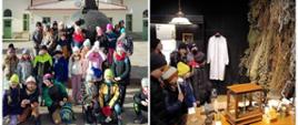 Wycieczka do Rabki, kolaż zdjęć, 1) dzieci w grupie przy kościele w Rabce Zdrój w tle budynki i drzewa. 2) wizyta w muzeum pani nauczycielka pokazuje eksponaty drewniane, dzieci bacznie obserwują, 3) dzieci w grupie pod pomnikiem mikołaja w Rabce koło dworca pkp, 4) wizyta w muzeum dzieci obserwują eksponaty
