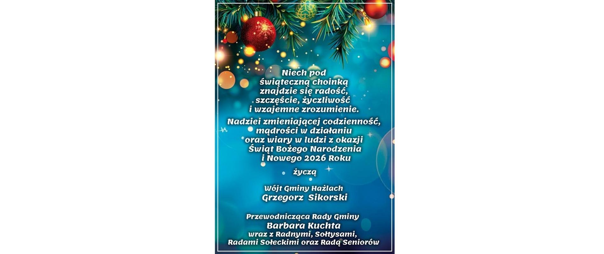 Wesołych i pogodnych Świąt oraz szczęśliwego Nowego 2026 Roku! Życzenia od Wójta Gminy Hażlach, Przewodniczącej Rady Gminy oraz Radnych, Sołtysów, Rad Sołeckich i Rady Seniorów 