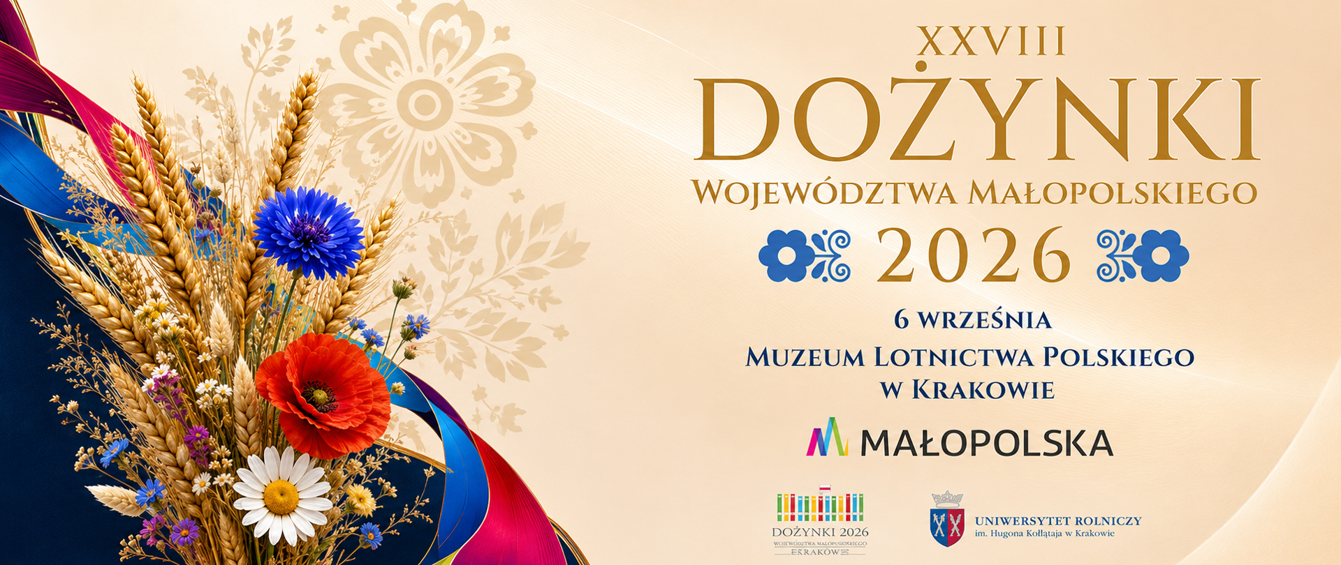 Baner promujący XXVIII Dożynki Województwa Małopolskiego 2026. Po lewej stronie znajduje się kompozycja z kłosów zbóż i polnych kwiatów, m.in. maków, chabrów i rumianków, ozdobiona kolorowymi wstęgami. Po prawej umieszczono informacje: „6 września, Muzeum Lotnictwa Polskiego w Krakowie”. Na dole widoczne są logotypy Małopolski, Dożynek 2026 oraz Uniwersytetu Rolniczego im. Hugona Kołłątaja w Krakowie.