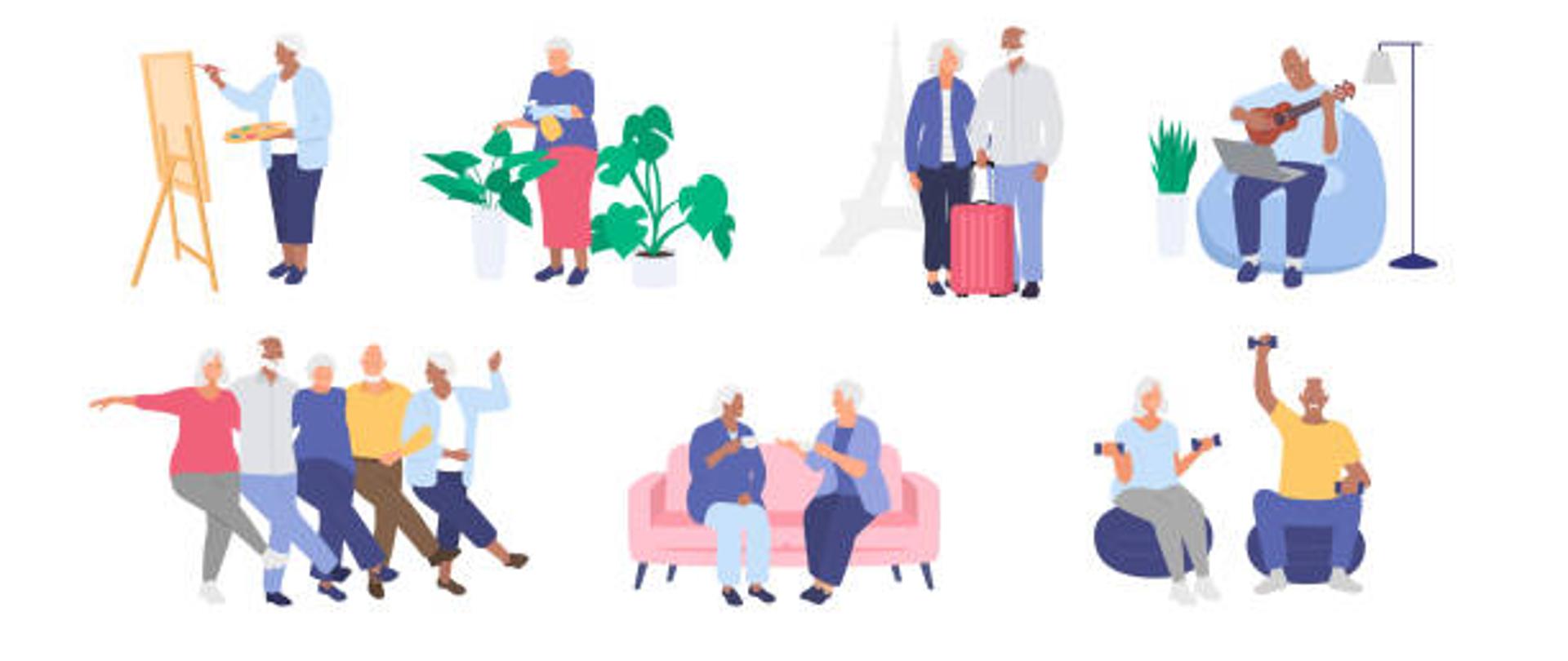 Seniors, elderly people having fun together. Healthy and active lifestyle. Hobby. Grandmother and grandfather. Vector illustration