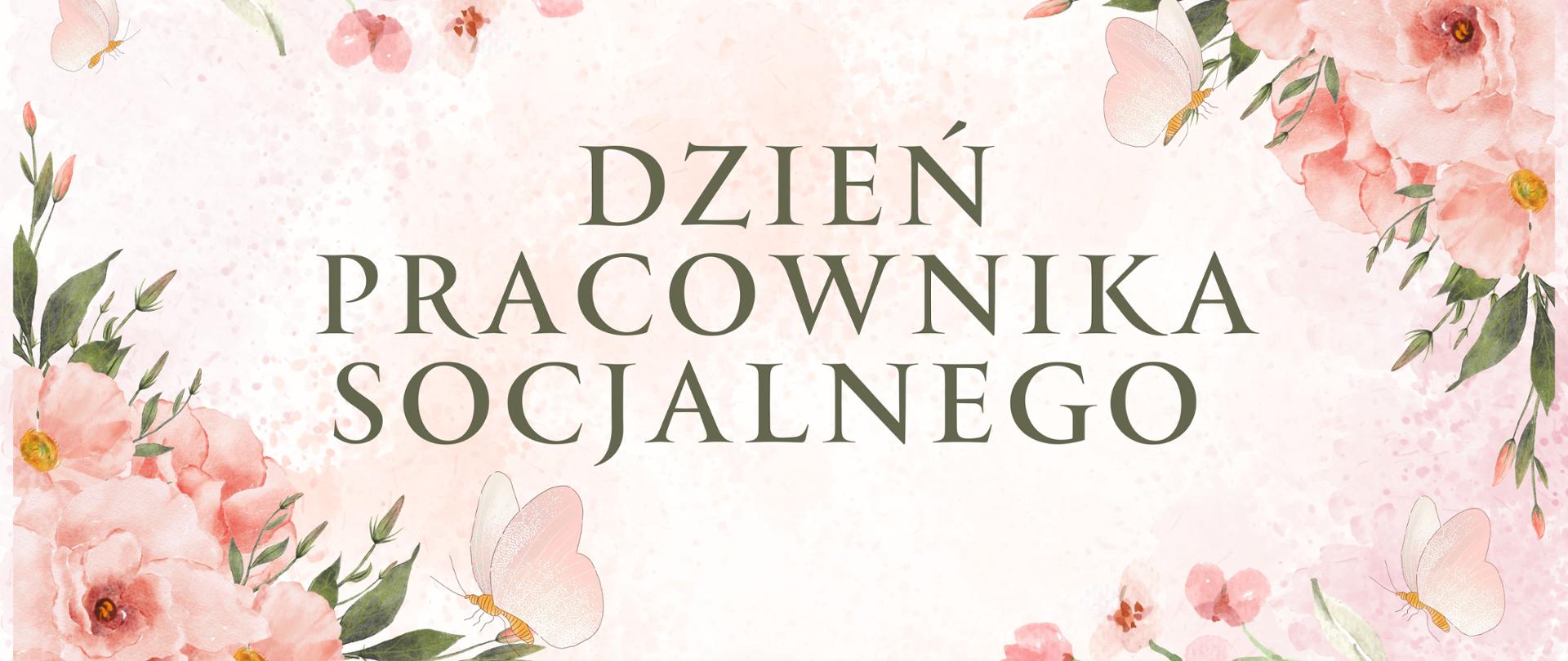 Na różowym tle zielony napis Dzień Pracownika Socjalnego 