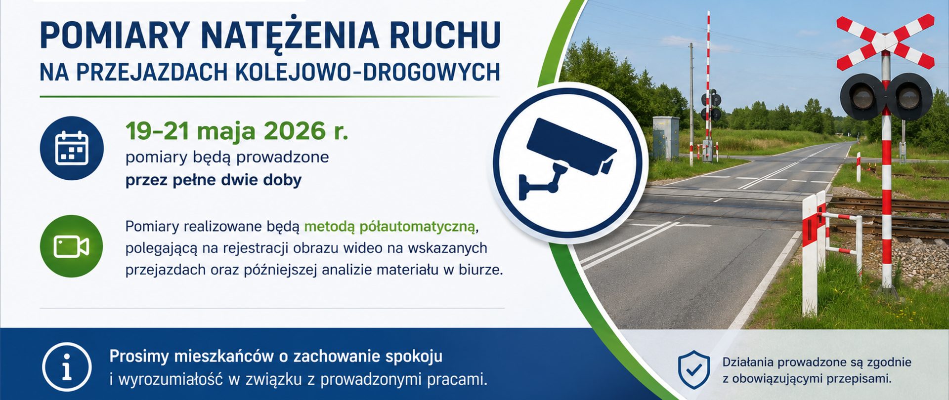 Grafika informacyjna Gminy Zabrodzie dotycząca pomiarów natężenia ruchu na przejazdach kolejowo-drogowych w dniach 19–21 maja 2026 roku. Na grafice widoczny jest przejazd kolejowy, symbol kamery monitoringu oraz komunikat o prowadzeniu pomiarów metodą półautomatyczną.