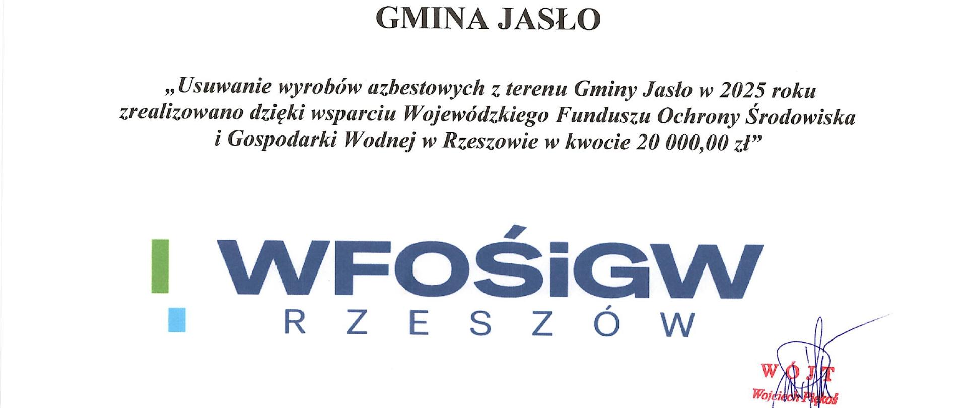 Informacja o realizacji programu Usuwanie wyrobów azbestowych z terenu Gminy Jasło w 2025 roku.