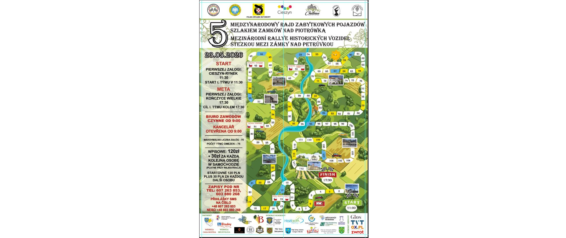 
Plakat imprezy. V Międzynarodowy Rajd Pojazdów Zabytkowych „Szlakiem Zamków nad Piotrówką”. 23.05.2026. Meta pierwszej załogi: Kończyce Wielkie 17.30.
