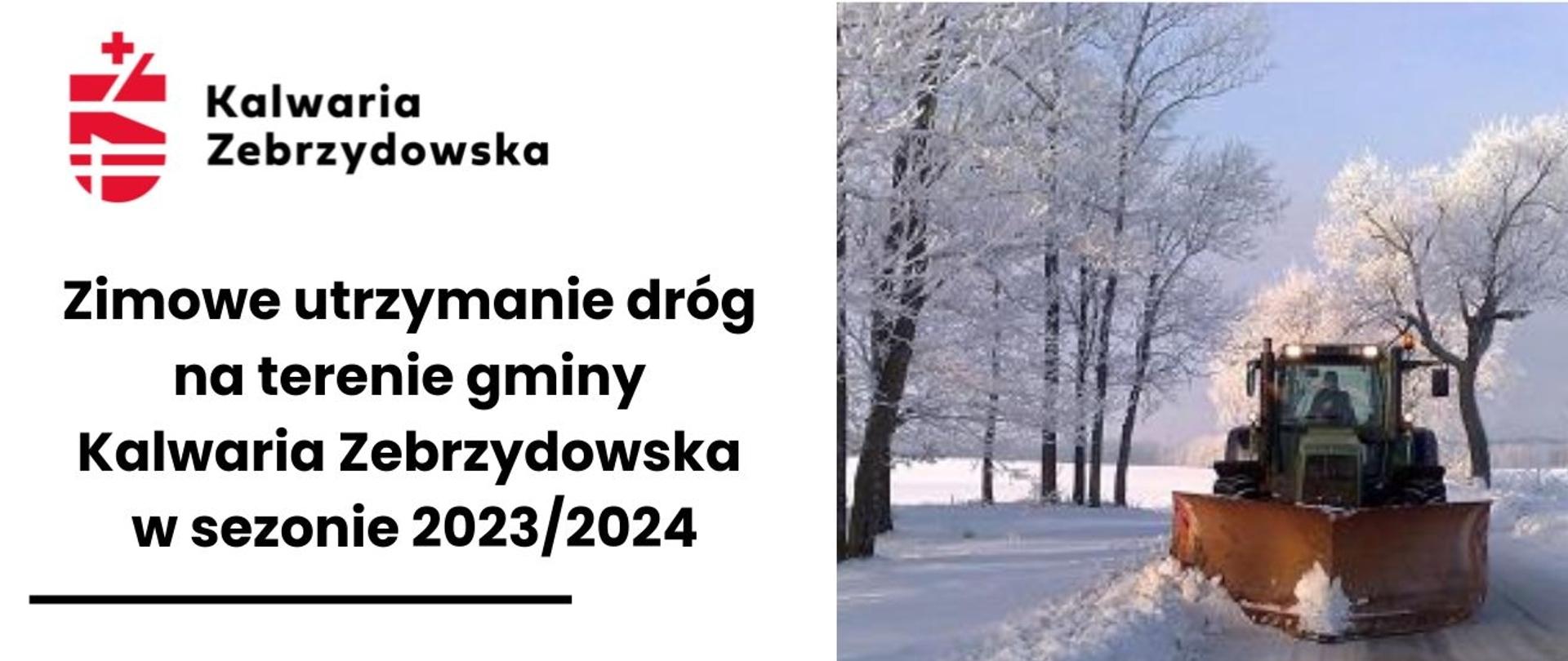 W zimowej scenerii pług jedzie zaśnieżoną drogą i odmiata zalegający na drodze śnieg