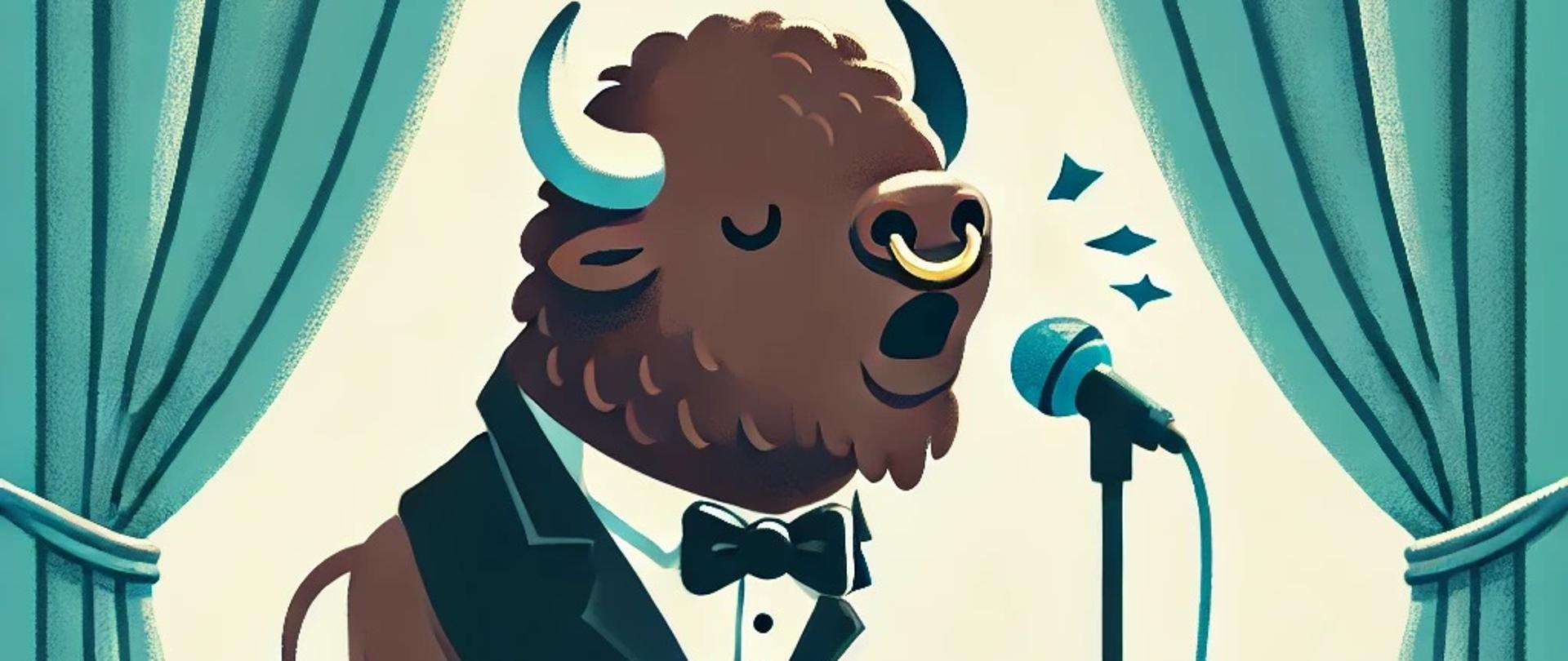 Na scenie stoi żubry, ubrany w smoking, mówi