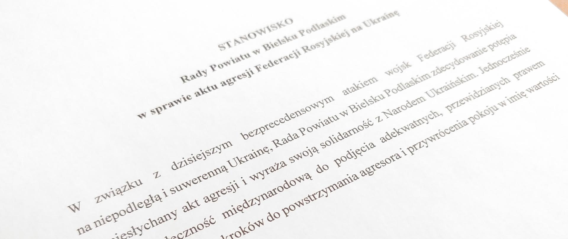 Stanowisko Rady Powiatu w Bielsku Podlaskim w sprawie aktu agresji Federacji Rosyjskiej na Ukrainę

