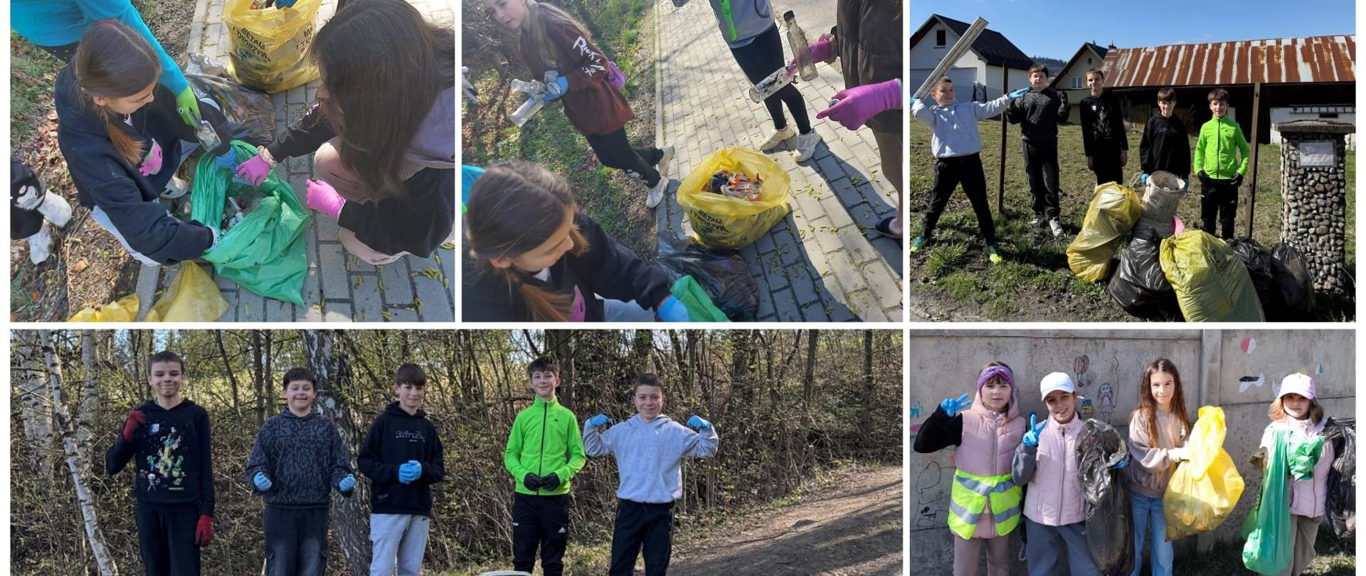 Kolaż z dziesięciu zdjęć. Na każdym zdjęciu grupa osób sprzątających rowy, pola i drogi.