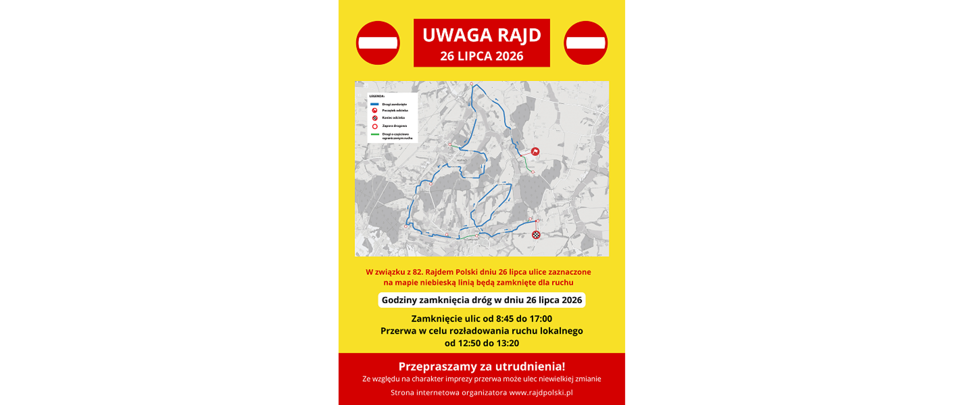 Uwaga Rajd 26 lipca 2026. Mapa z przebiegiem rajdu 