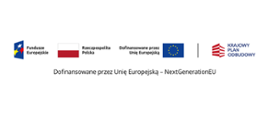 Grafika informacyjna przedstawiająca logotypy Funduszy Europejskich, Rzeczypospolitej Polskiej, Unii Europejskiej oraz Krajowego Planu Odbudowy. Pod logotypami widnieje napis informujący, że projekt jest dofinansowany przez Unię Europejską w ramach programu NextGenerationEU.