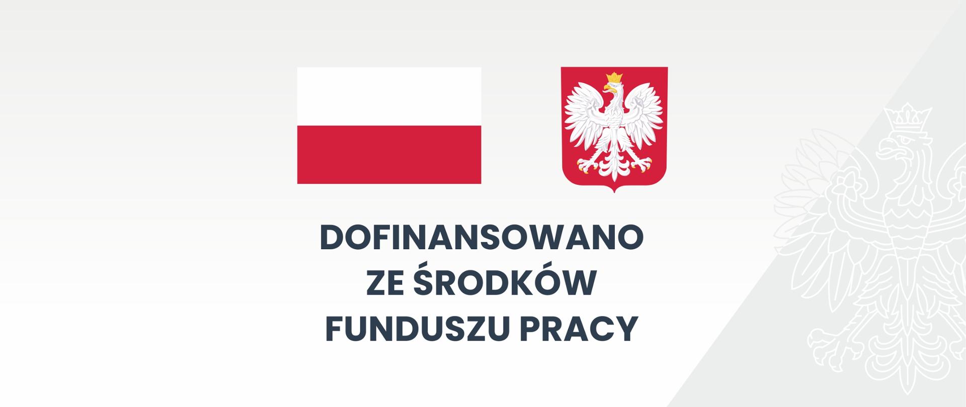Grafika przedstawia biało czerwoną flagę Polski oraz Godło Polski (Orzeł biały w koronie na czerwonej tarczy). Pod nimi znajduje się napis "Dofinansowano ze środków Funduszu Pracy". Flaga, godło oraz napis znajdują się w centralnej części. W tle znajduje się stylizowany kontur orła w koronie w odcieniach szarości.