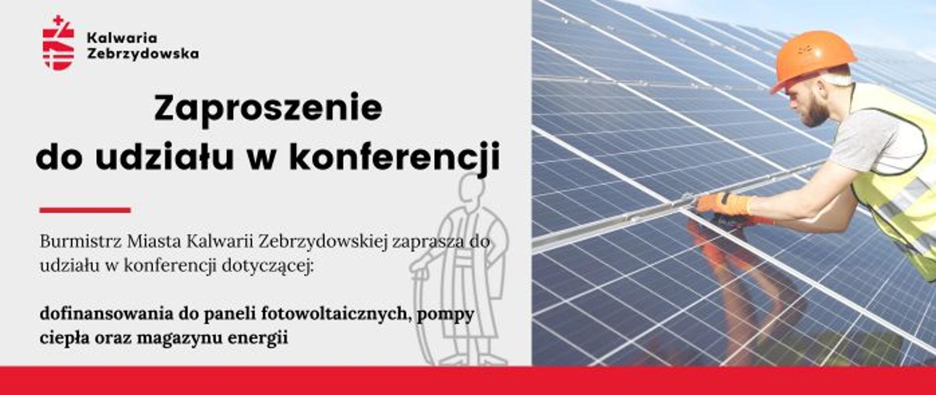 Plansza informacyjna, tekst po lewej Zaproszenie do udziału w konferencji, po prawej panele fotowoltaiczne 