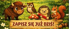 Na tle lasu umieszczono informacje o rekrutacji, zawarte w artyukle