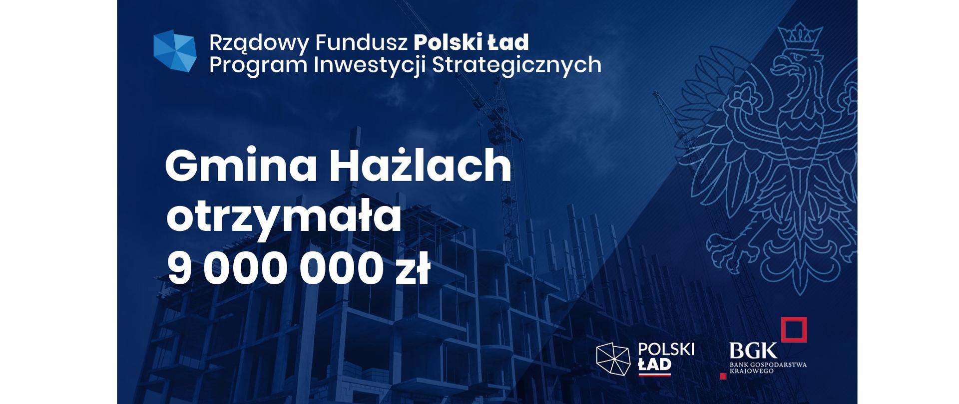 Logo projektu: Rządowy Fundusz Polski Ład Program Inwestycji Strategicznych. Napis: Gmina Hażlach otrzymała 9 000 000 mln zł. W tle zarysy budowy. Z prawej strony godło państwowe. Poniżej loga: Polski Ład, BGK Bank Gospodarstwa Krajowego. 
