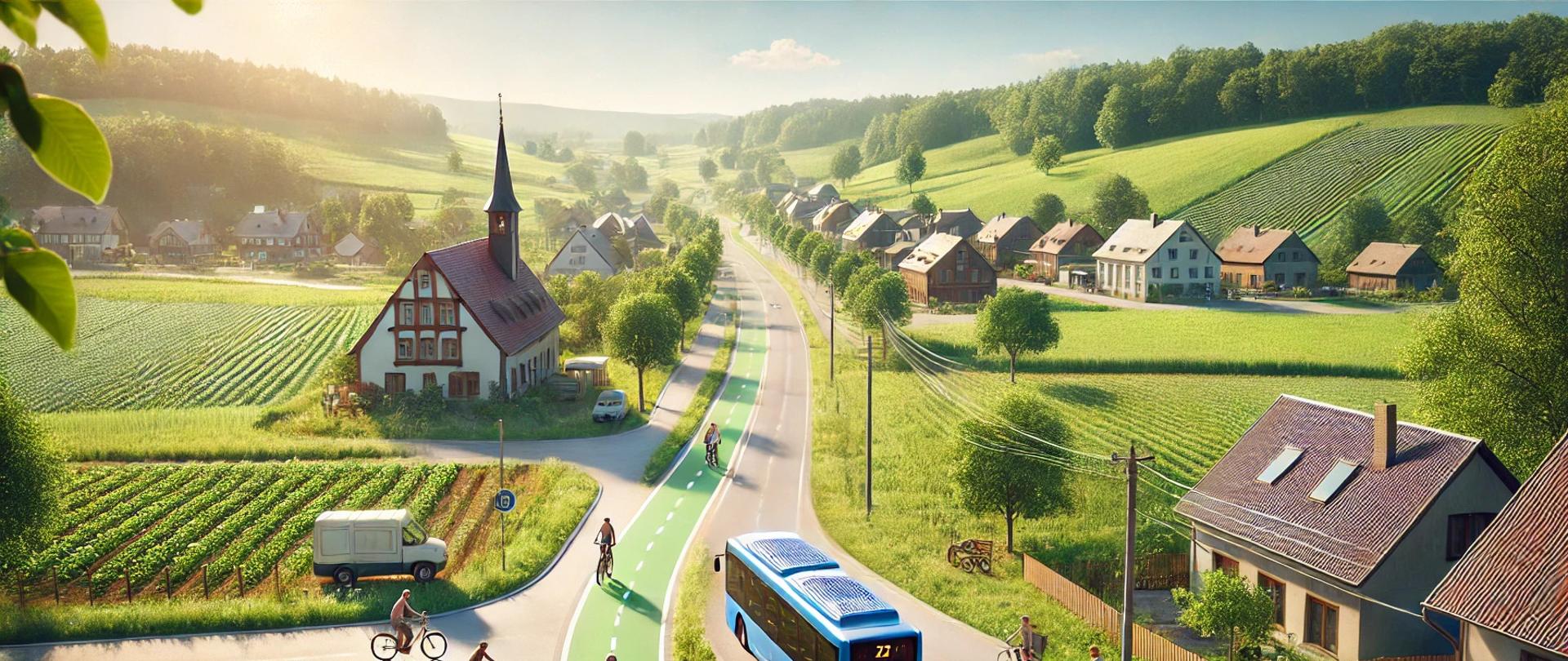 Panoramiczny widok na wiejską drogę z rowerzystami i elektrycznym autobusem, otoczony zielonymi polami i drzewami, symbolizujący ekologiczne inicjatywy transportowe w gminie Dobroń.