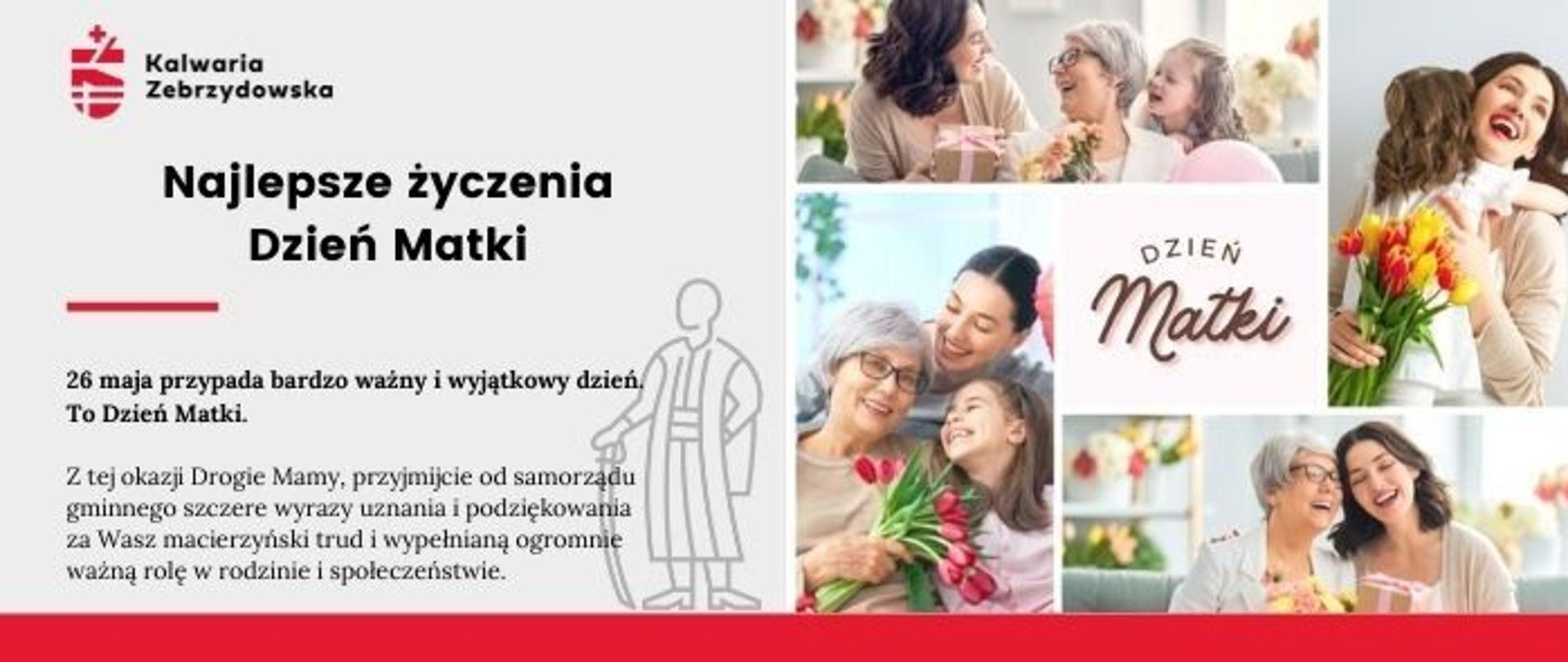 Plansza informacyjna - Najlepsze życzenia - Dzień Matki, po prawej zdjęcia kobiet, po lewej informacja z życzeniami na Dzień Matki 