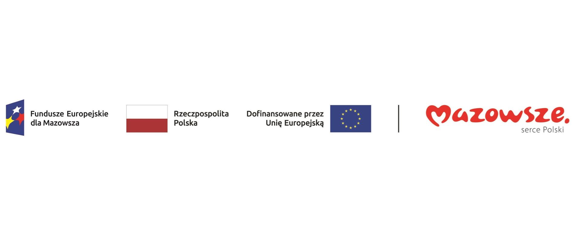 Logotypy Fundusze Europejskie dla Mazowsza, Flaga Rzeczpospolitej Polskiej, Flaga Unii Europejskiej, logotyp Mazowsze serce Polski