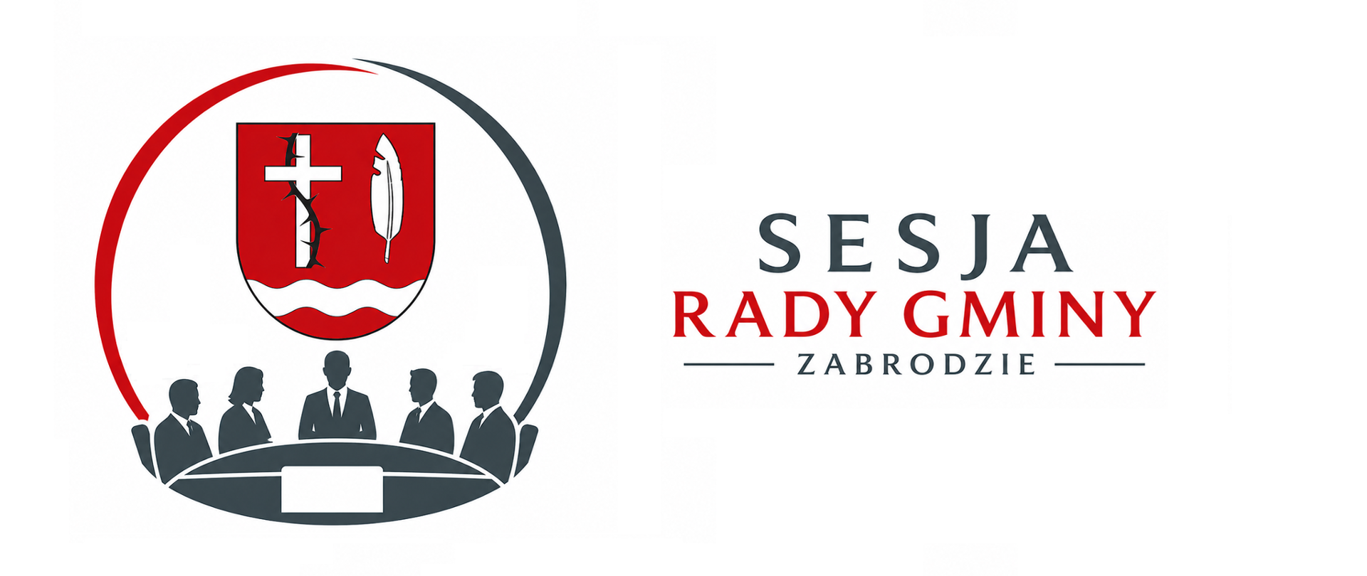 Grafika z napisem „Sesja Rady Gminy Zabrodzie”. Po lewej stronie widoczny herb gminy na czerwonym tle oraz sylwetki kilku osób siedzących przy stole obrad, otoczone półokręgiem w kolorach czerwonym i szarym. Po prawej stronie duży napis informujący o sesji rady.