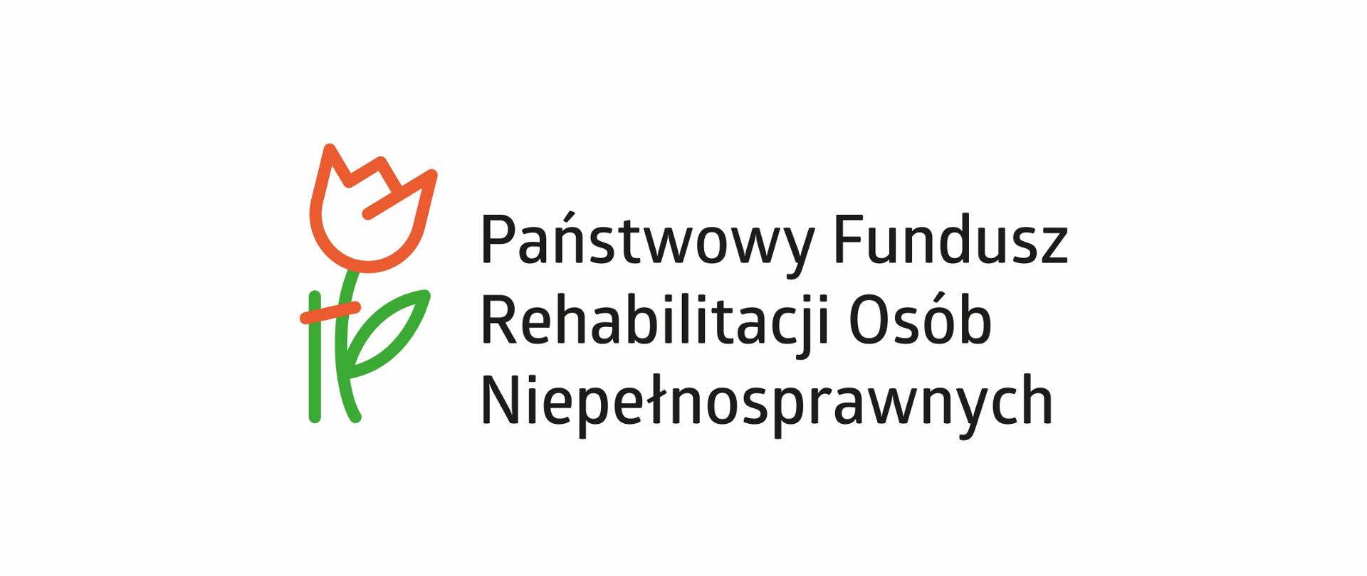 Grafika logo Państwowego Funduszu Rehabilitacji Osób Niepełnosprawnych, które składa się z dwóch części pierwszą jest wizerunek przechylonego czerwonego tulipana z zieloną łodygą i liściem, przywiązanego do wspierającej go podpory, obok na czarnymi literami wypisano nazwę funduszu.