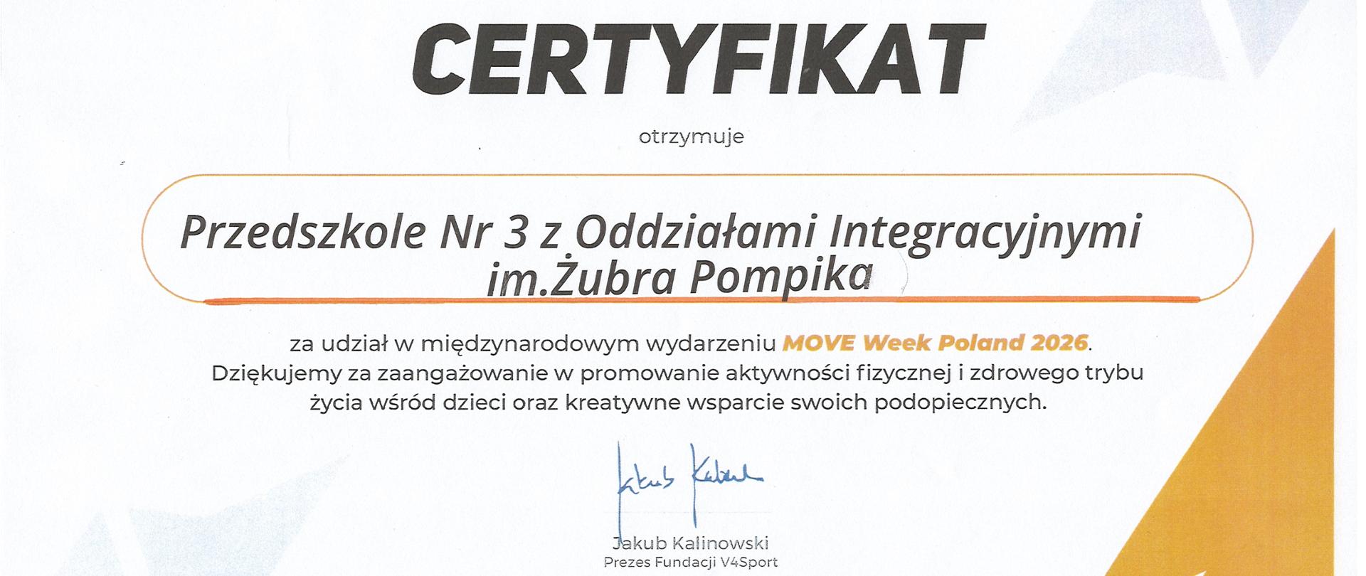 Certyfikat dla Przedszkola