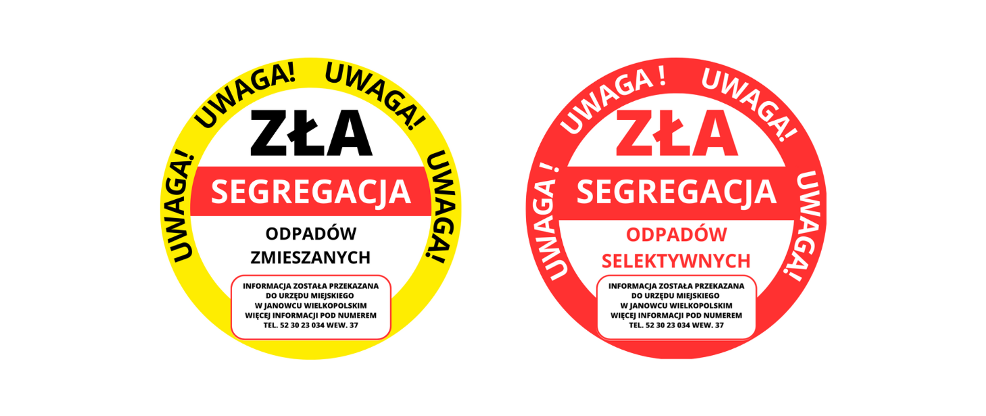 logotypy z napisem Uwaga! Zła segregacja odpadów zmieszanych, Uwaga! Zła segregacja odpadów selektywnych
