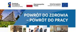 Na górze umieszczone logotypy projektu, poniżej hasło "Powrót do zdrowia - powrót do pracy". Jeszcze niżej fotografie przedstawiające czytelnię, pracownię komputerową i umeblowany pokój.